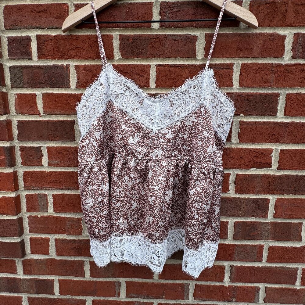 Bloomfield Babydoll Cami Top Med Brown Cream Lace Trim Romantic Cottagecore